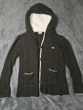 Lacoste Sport Womens Cable Knit Cardigan Fleece Lined Toggle Preppy Black Size S